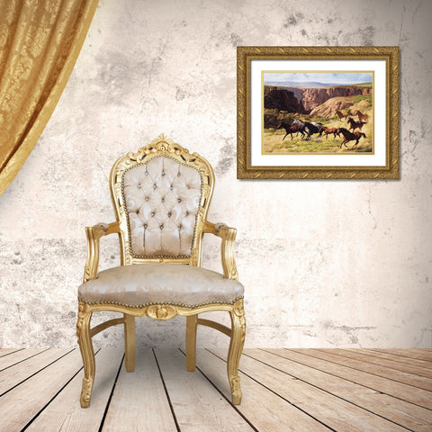Wild Horses II Gold Ornate Wood Framed Art Print with Double Matting by Unknown