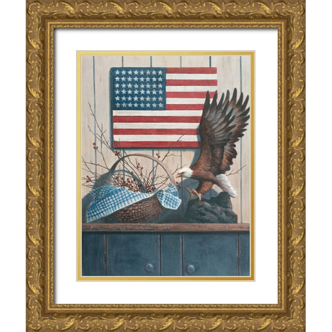 Eagle And Flaf Gold Ornate Wood Framed Art Print with Double Matting by Unknown