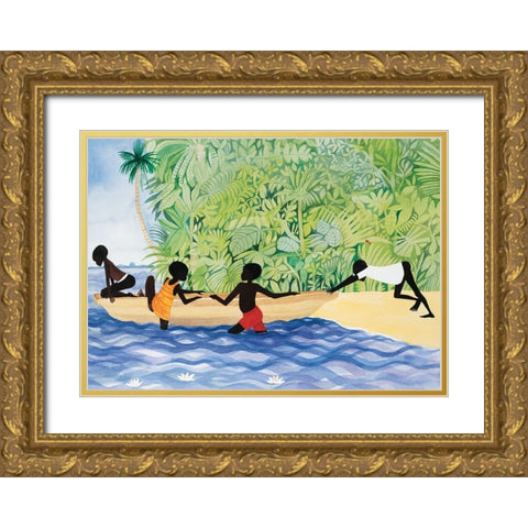 Push the Canoe Gold Ornate Wood Framed Art Print with Double Matting by Unknown