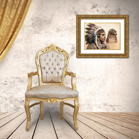 Chief And Eagle Gold Ornate Wood Framed Art Print with Double Matting by Unknown