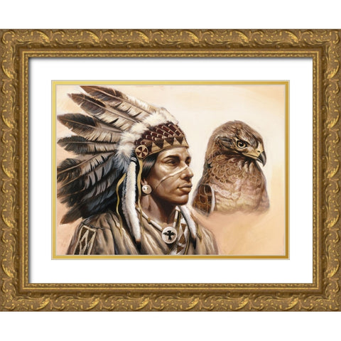 Chief And Eagle Gold Ornate Wood Framed Art Print with Double Matting by Unknown