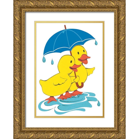 Ducks and Umbrella Gold Ornate Wood Framed Art Print with Double Matting by Unknown