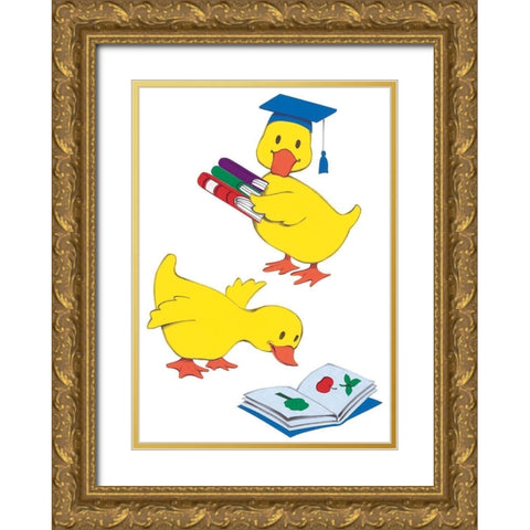 Ducks Reading Gold Ornate Wood Framed Art Print with Double Matting by Unknown