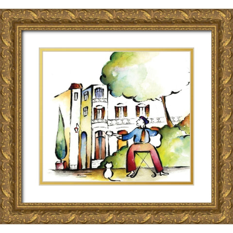 Guitar and Cat Gold Ornate Wood Framed Art Print with Double Matting by Unknown