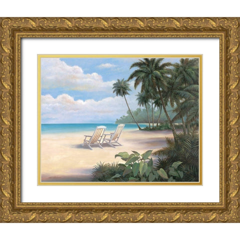 Two Chairs on Beach Gold Ornate Wood Framed Art Print with Double Matting by Unknown