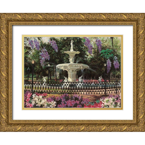 Garden Fountain Gold Ornate Wood Framed Art Print with Double Matting by Unknown
