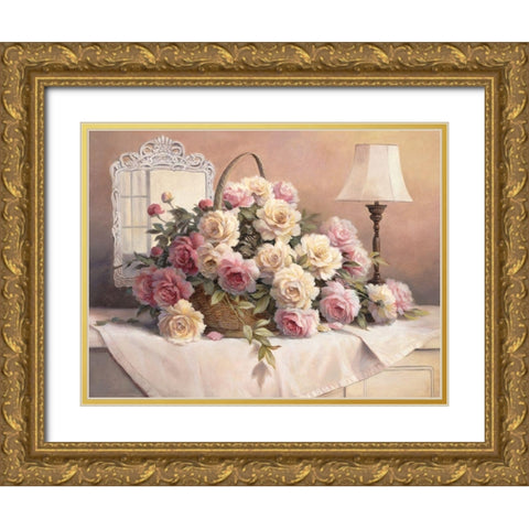 Rose Floral Gold Ornate Wood Framed Art Print with Double Matting by Unknown