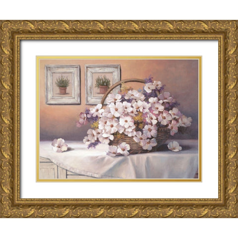 Daisies and Basket Gold Ornate Wood Framed Art Print with Double Matting by Unknown