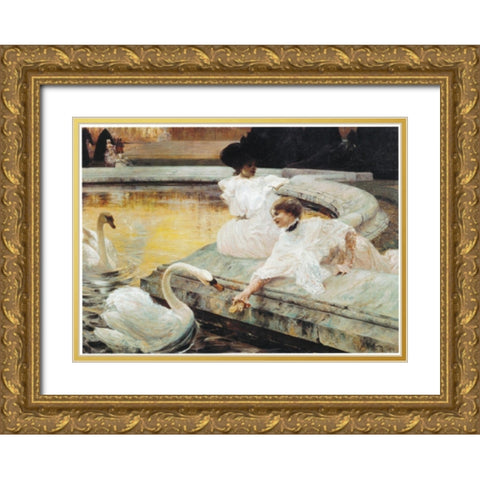 Two Swans Gold Ornate Wood Framed Art Print with Double Matting by Unknown