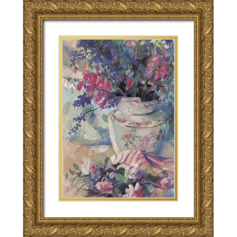 Floral Vase Gold Ornate Wood Framed Art Print with Double Matting by Unknown