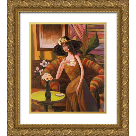 Tea Time Right Gold Ornate Wood Framed Art Print with Double Matting by Unknown