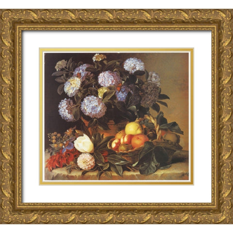 Fruits and Flowers Gold Ornate Wood Framed Art Print with Double Matting by Unknown