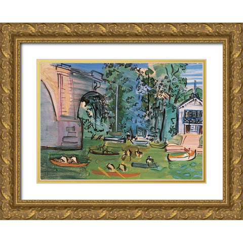 Canoeing Gold Ornate Wood Framed Art Print with Double Matting by Unknown