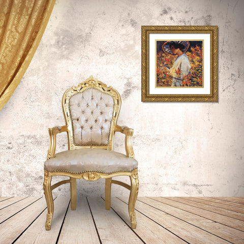 Lady in Flowers Gold Ornate Wood Framed Art Print with Double Matting by Unknown