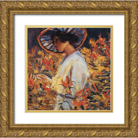Lady in Flowers Gold Ornate Wood Framed Art Print with Double Matting by Unknown