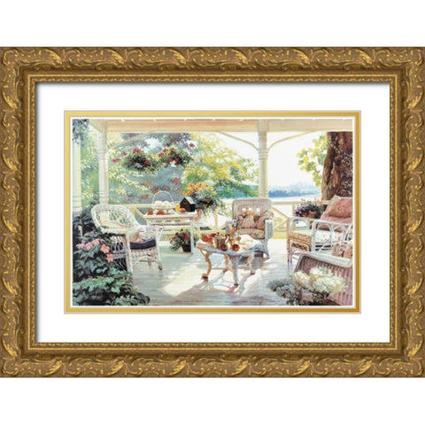 On the Porch Gold Ornate Wood Framed Art Print with Double Matting by Unknown