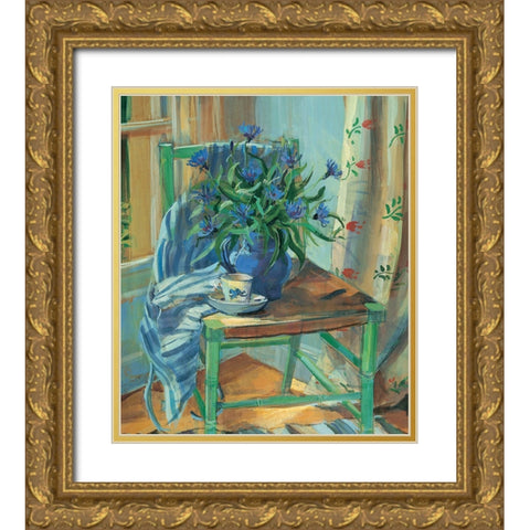Green Chair Floral Gold Ornate Wood Framed Art Print with Double Matting by Unknown