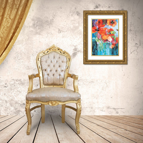 Orange And Blue Floral Gold Ornate Wood Framed Art Print with Double Matting by Unknown