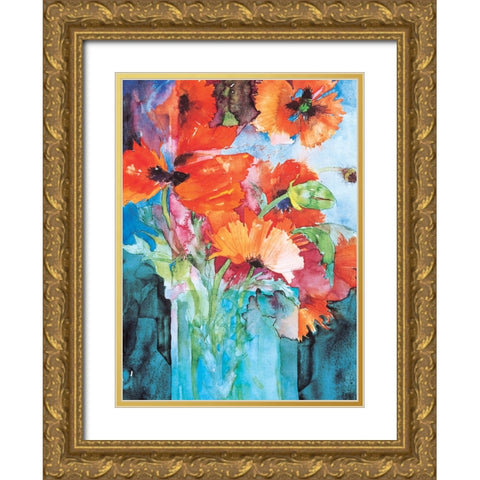 Orange And Blue Floral Gold Ornate Wood Framed Art Print with Double Matting by Unknown