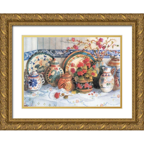 Plates and Vases Gold Ornate Wood Framed Art Print with Double Matting by Unknown