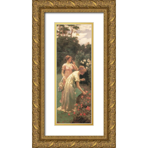 Picking Flowers Gold Ornate Wood Framed Art Print with Double Matting by Unknown