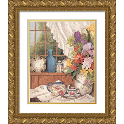 Flowers by the Window Gold Ornate Wood Framed Art Print with Double Matting by Unknown