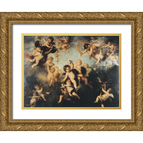 Cherubs Gold Ornate Wood Framed Art Print with Double Matting by Unknown