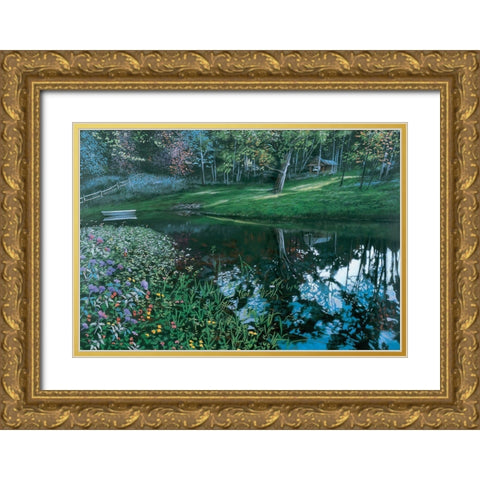 Cabin by Lake Gold Ornate Wood Framed Art Print with Double Matting by Unknown