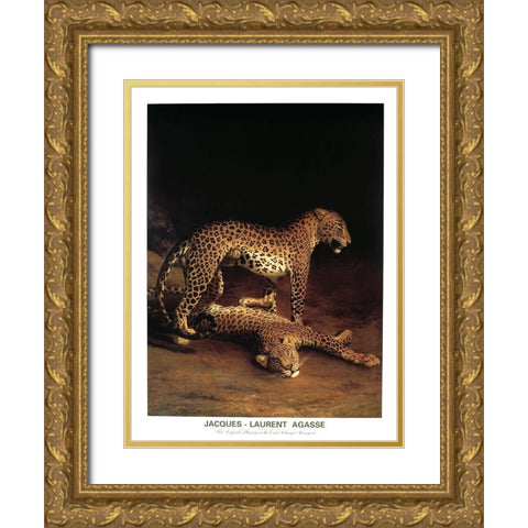 Twp Leopards Gold Ornate Wood Framed Art Print with Double Matting by Agasse, Jacques-Laurent