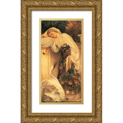 Woman And Swan Gold Ornate Wood Framed Art Print with Double Matting by Unknown