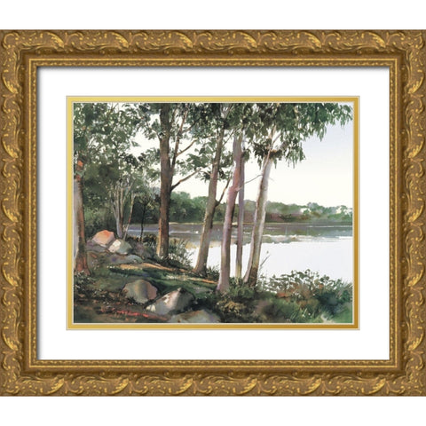 Lake and Trees Gold Ornate Wood Framed Art Print with Double Matting by Unknown