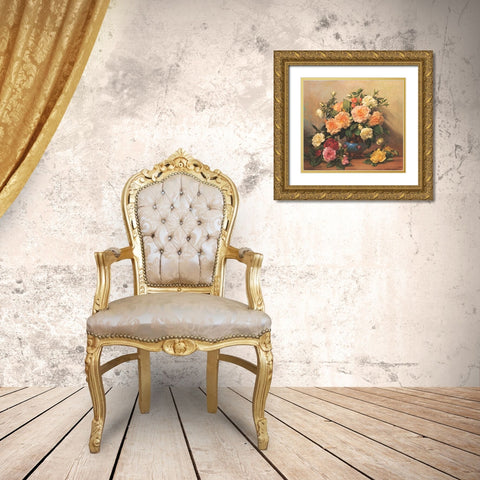 Roses Floral Gold Ornate Wood Framed Art Print with Double Matting by Unknown