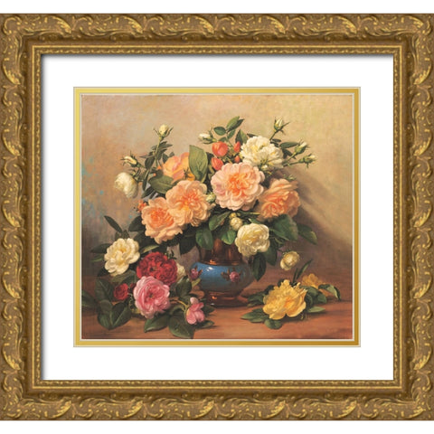 Roses Floral Gold Ornate Wood Framed Art Print with Double Matting by Unknown