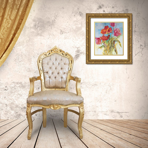 Red Floral Collage Gold Ornate Wood Framed Art Print with Double Matting by Unknown