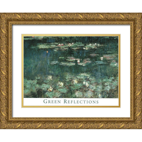 Green Reflections Gold Ornate Wood Framed Art Print with Double Matting by Monet, Claude