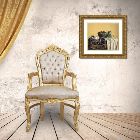 Apples And Pitcher Gold Ornate Wood Framed Art Print with Double Matting by Unknown