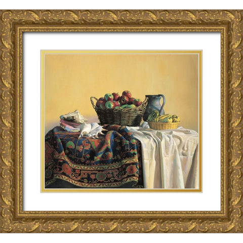 Apples And Pitcher Gold Ornate Wood Framed Art Print with Double Matting by Unknown