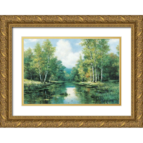 Placid Stream I Gold Ornate Wood Framed Art Print with Double Matting by Unknown