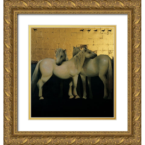 White Horses Gold Ornate Wood Framed Art Print with Double Matting by Unknown