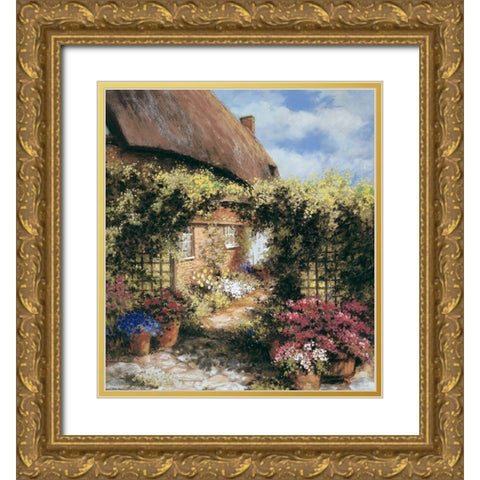 Thatched Cottage Gold Ornate Wood Framed Art Print with Double Matting by Unknown