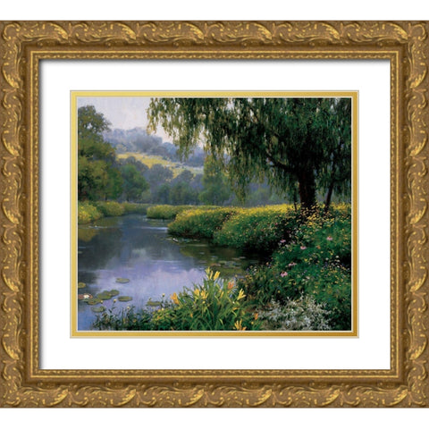 Lake Florals Gold Ornate Wood Framed Art Print with Double Matting by Unknown