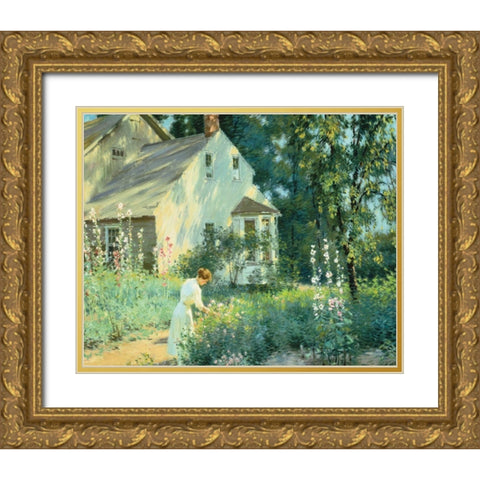 Picking Flowers Gold Ornate Wood Framed Art Print with Double Matting by Unknown