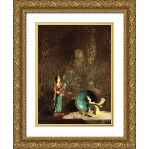 Oriental Figurine Gold Ornate Wood Framed Art Print with Double Matting by Unknown
