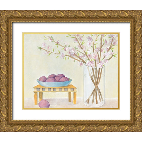 Plums And Vase Gold Ornate Wood Framed Art Print with Double Matting by Unknown