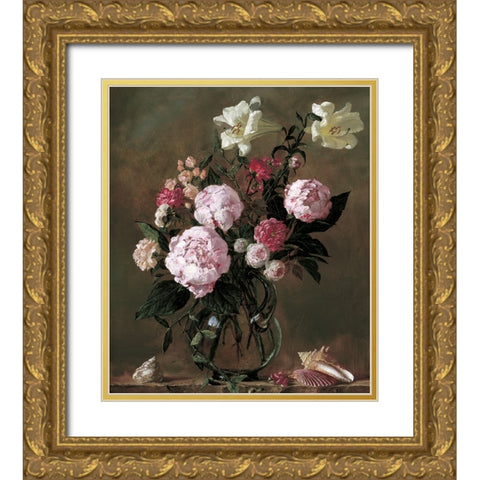 Flowers And Sea Shells Gold Ornate Wood Framed Art Print with Double Matting by Unknown