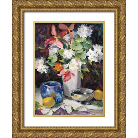 Floral Blue And White Gold Ornate Wood Framed Art Print with Double Matting by Unknown