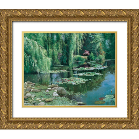 Waterlilies Pond Gold Ornate Wood Framed Art Print with Double Matting by Unknown
