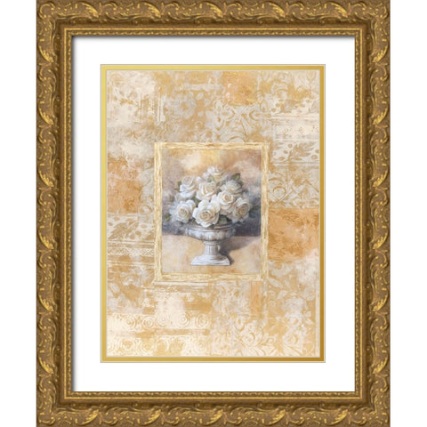 White Rose DamasqueI Gold Ornate Wood Framed Art Print with Double Matting by Unknown