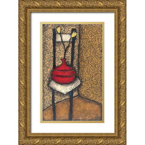 Red Vase on Chair Gold Ornate Wood Framed Art Print with Double Matting by Unknown