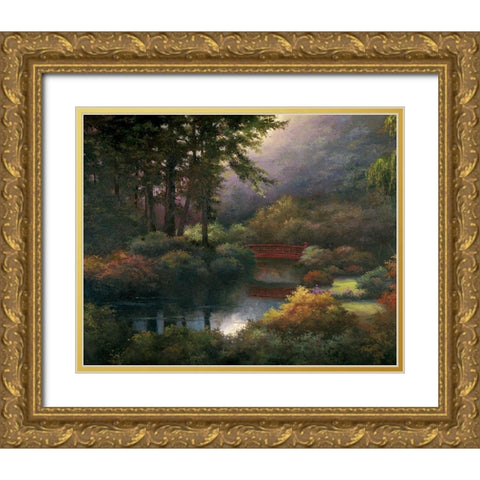 Red Bridge Gold Ornate Wood Framed Art Print with Double Matting by Unknown